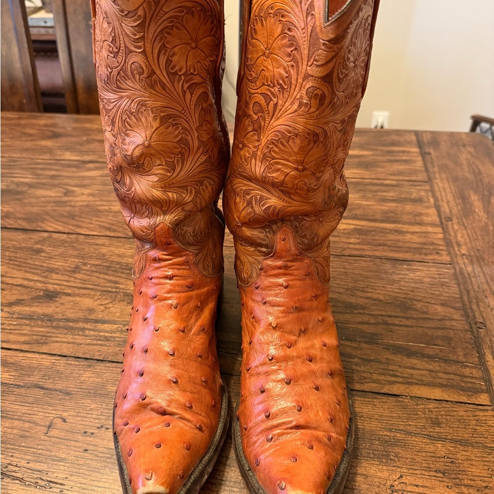 Vintage JB Hill Cognac Full Quill Ostrich Men's Western Boots Size 9.5B